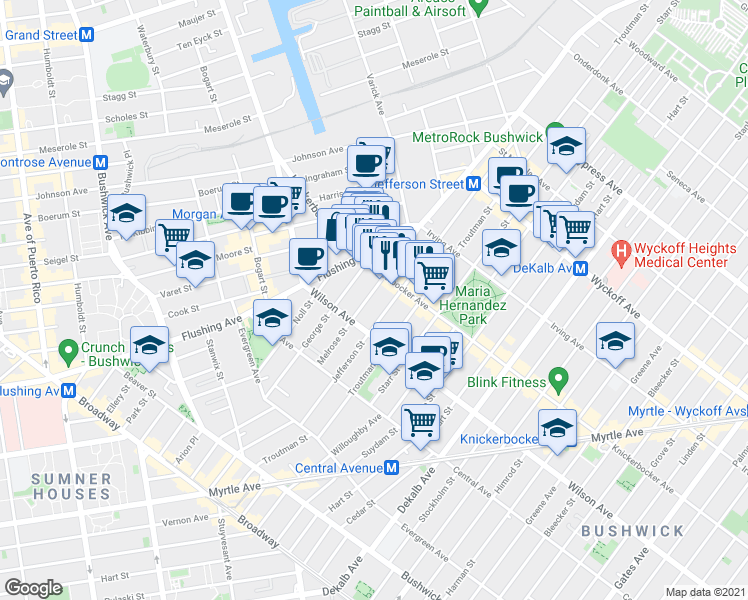 map of restaurants, bars, coffee shops, grocery stores, and more near in Brooklyn
