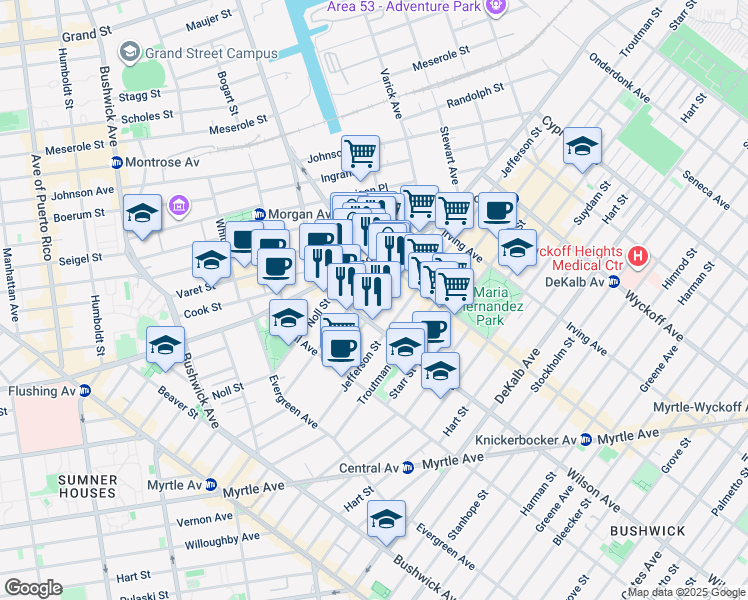 map of restaurants, bars, coffee shops, grocery stores, and more near 139 George Street in Brooklyn