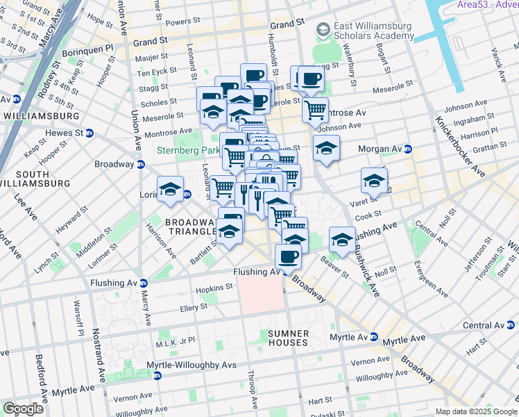 map of restaurants, bars, coffee shops, grocery stores, and more near 69 Moore Street in Brooklyn