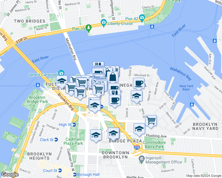 map of restaurants, bars, coffee shops, grocery stores, and more near 23 Bridge Street in Brooklyn
