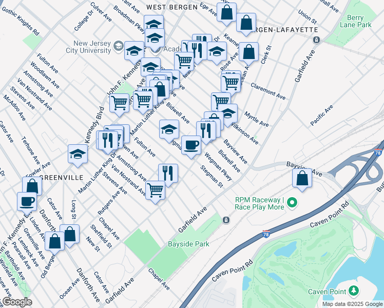 map of restaurants, bars, coffee shops, grocery stores, and more near 86 Van Cleef Street in Jersey City