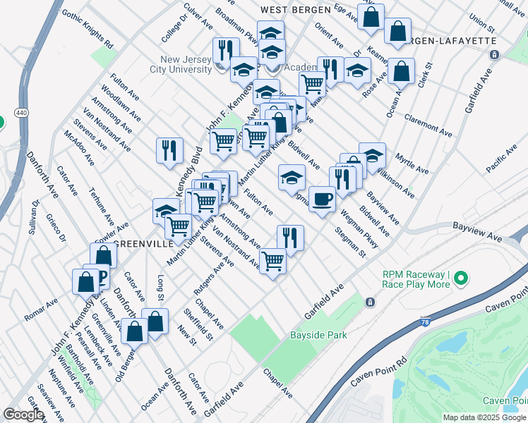 map of restaurants, bars, coffee shops, grocery stores, and more near 175 Dwight Street in Jersey City