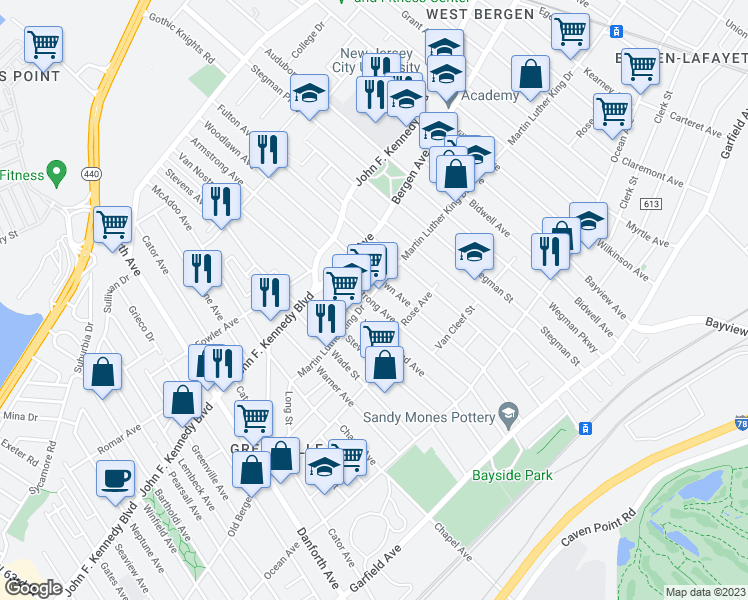 map of restaurants, bars, coffee shops, grocery stores, and more near 189 Woodlawn Avenue in Jersey City