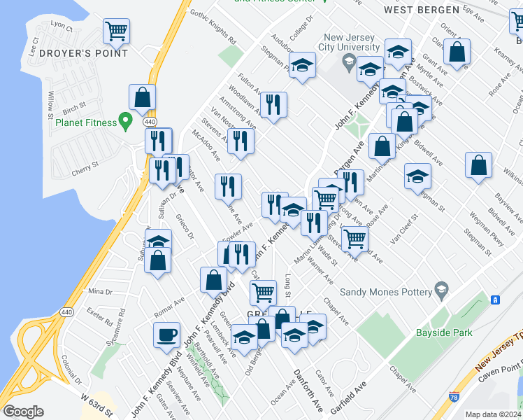 map of restaurants, bars, coffee shops, grocery stores, and more near 199 Stevens Avenue in Jersey City