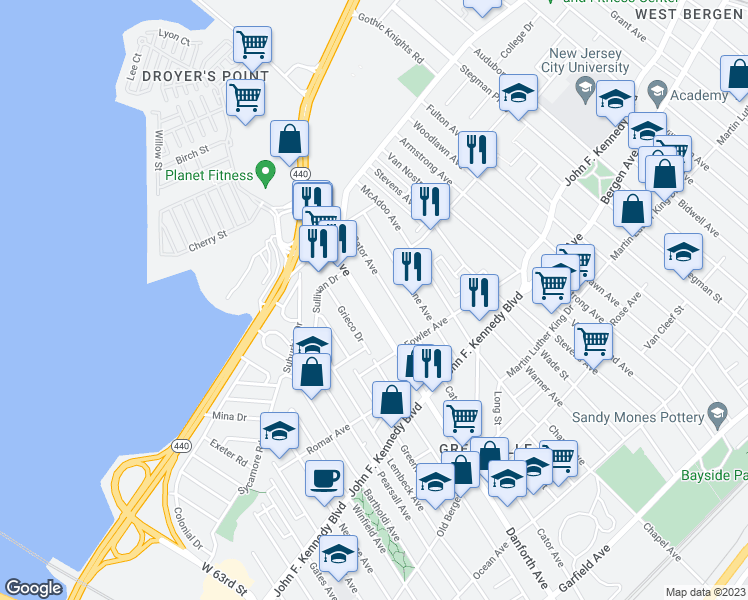 map of restaurants, bars, coffee shops, grocery stores, and more near 371 Cator Avenue in Jersey City