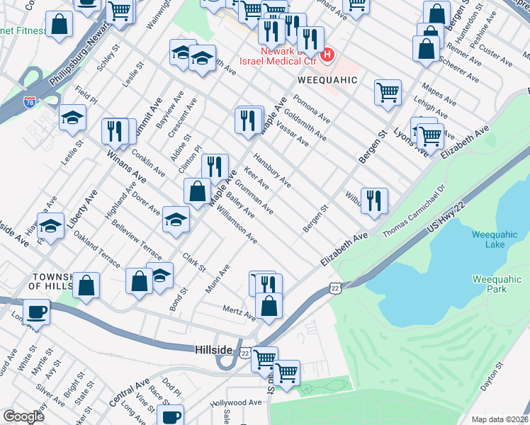 map of restaurants, bars, coffee shops, grocery stores, and more near 124 Grumman Avenue in Newark