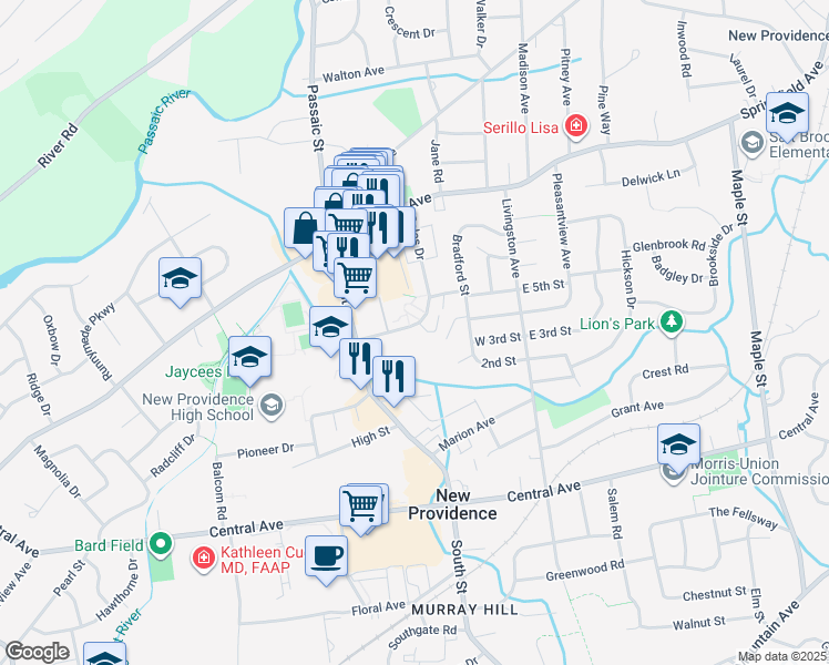 map of restaurants, bars, coffee shops, grocery stores, and more near 103 Gales Drive in New Providence