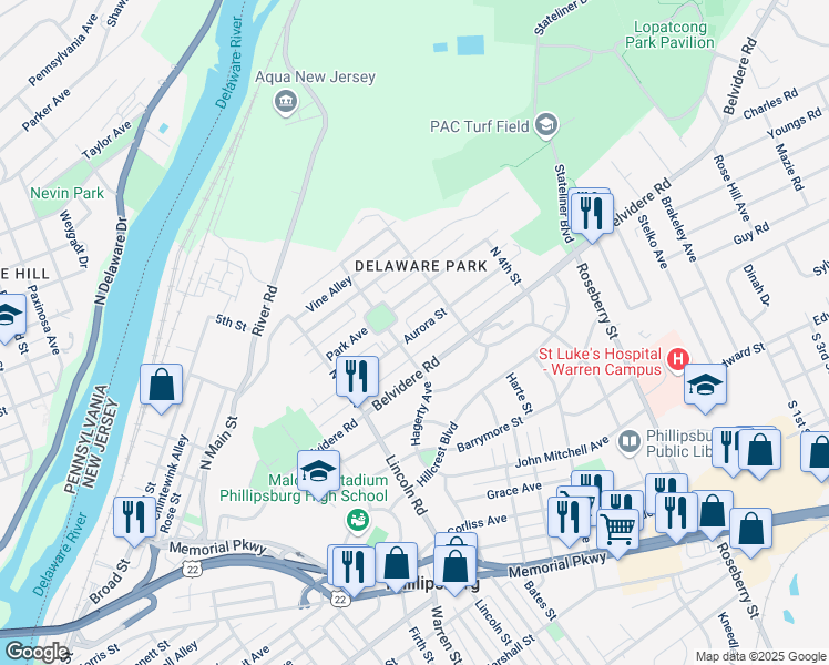 map of restaurants, bars, coffee shops, grocery stores, and more near 231 Aurora Street in Phillipsburg