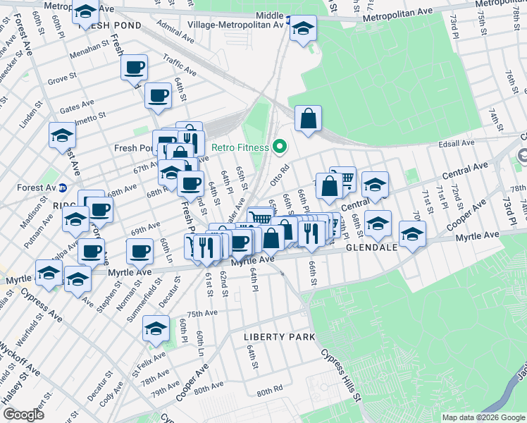 map of restaurants, bars, coffee shops, grocery stores, and more near 20 Shaler Avenue in Queens