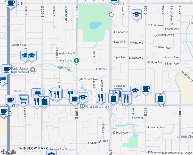 map of restaurants, bars, coffee shops, grocery stores, and more near 617 Mansfield Avenue South in South Salt Lake