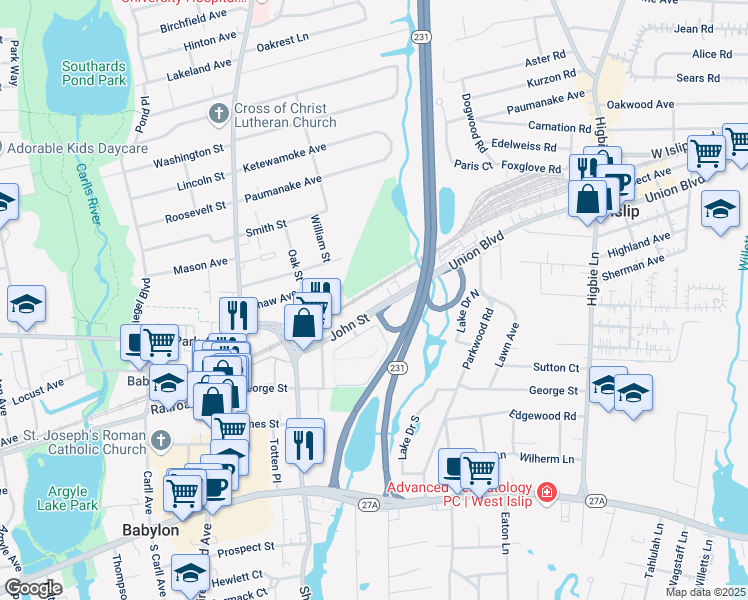 map of restaurants, bars, coffee shops, grocery stores, and more near 99 John Street in Babylon