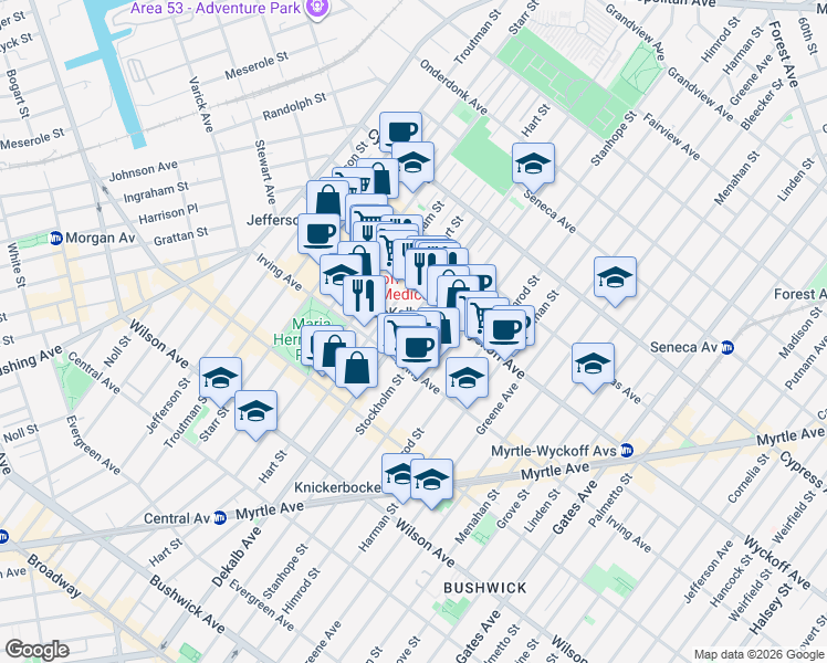 map of restaurants, bars, coffee shops, grocery stores, and more near in Brooklyn