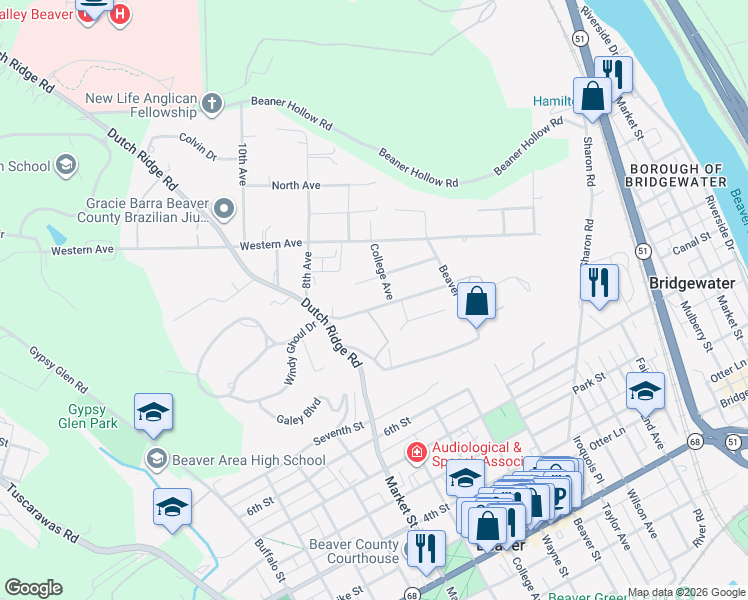 map of restaurants, bars, coffee shops, grocery stores, and more near 1301 College Avenue in Beaver