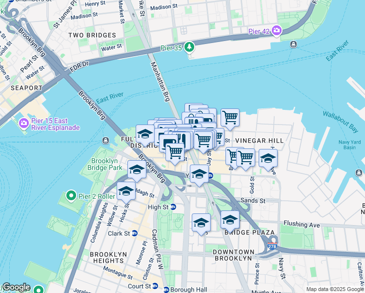 map of restaurants, bars, coffee shops, grocery stores, and more near 135 Water Street in Brooklyn