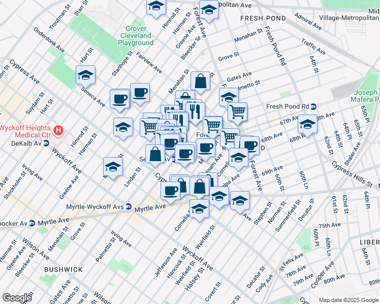 map of restaurants, bars, coffee shops, grocery stores, and more near 752 Onderdonk Avenue in Queens