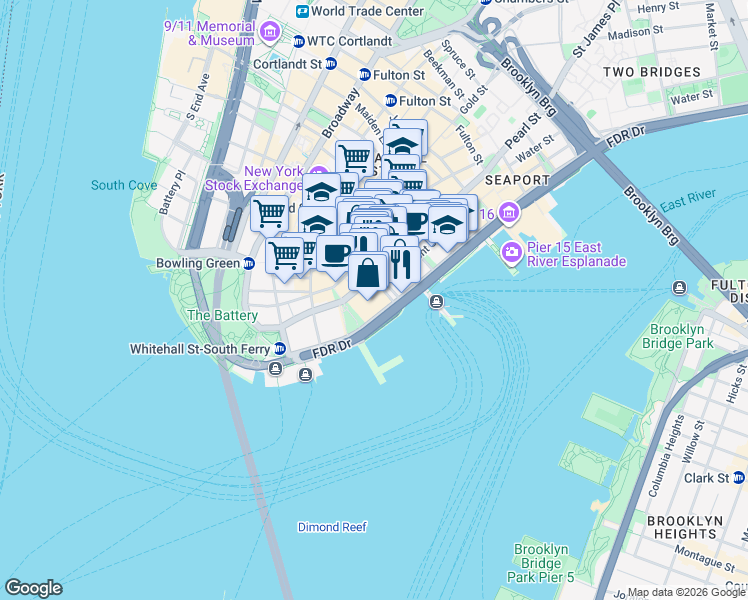 map of restaurants, bars, coffee shops, grocery stores, and more near 55 Water Street in New York