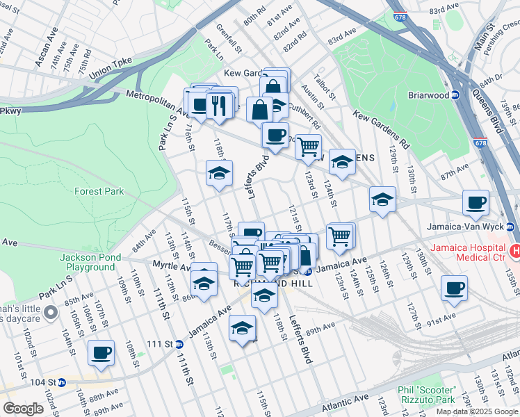 map of restaurants, bars, coffee shops, grocery stores, and more near 84-25 120th Street in Queens