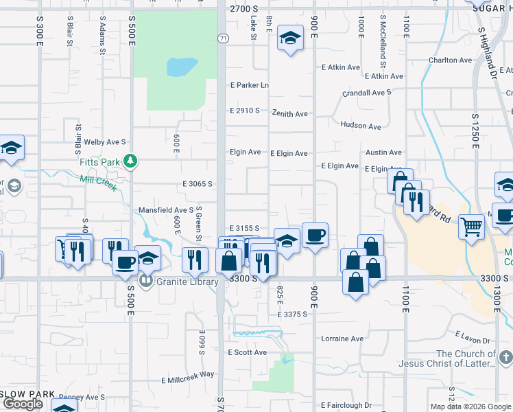 map of restaurants, bars, coffee shops, grocery stores, and more near 767 Lisonbee Avenue South in Millcreek