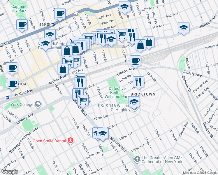 map of restaurants, bars, coffee shops, grocery stores, and more near 171-40 103rd Road in Queens