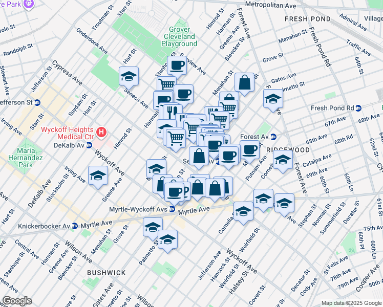 map of restaurants, bars, coffee shops, grocery stores, and more near 6-05 Seneca Avenue in Queens