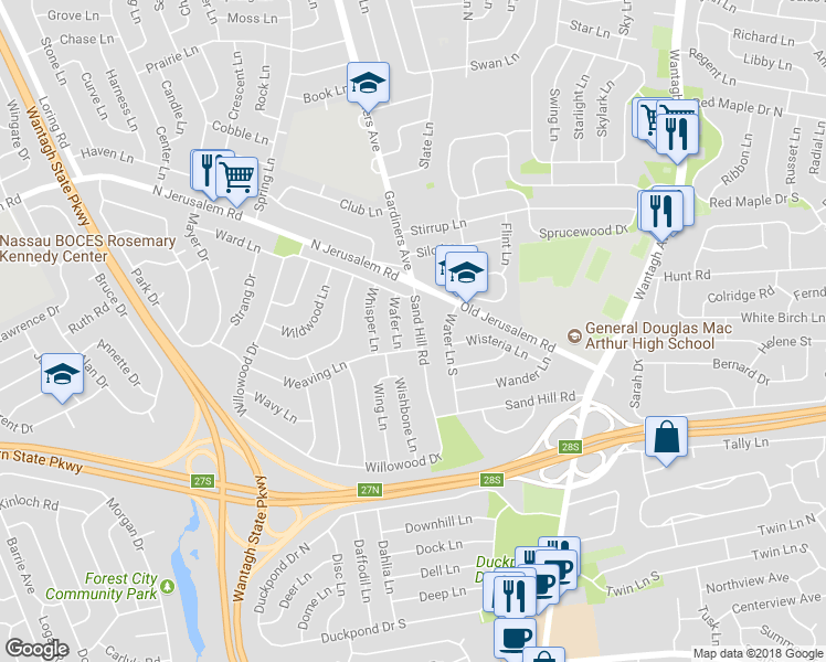 map of restaurants, bars, coffee shops, grocery stores, and more near 472 Sand Hill Road in North Wantagh