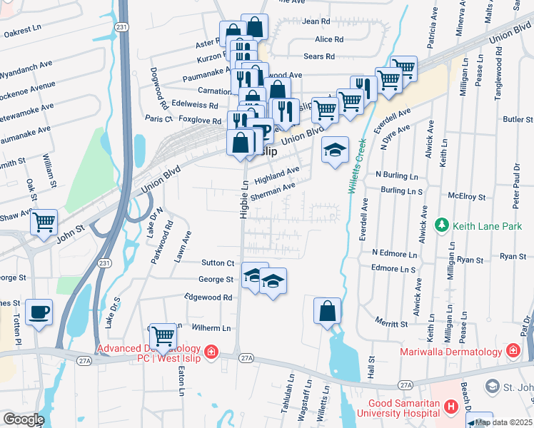 map of restaurants, bars, coffee shops, grocery stores, and more near 23 Barnard Street in West Islip