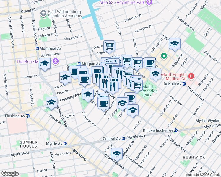 map of restaurants, bars, coffee shops, grocery stores, and more near in Brooklyn