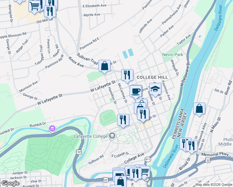 map of restaurants, bars, coffee shops, grocery stores, and more near 719 Hamilton Street in Easton