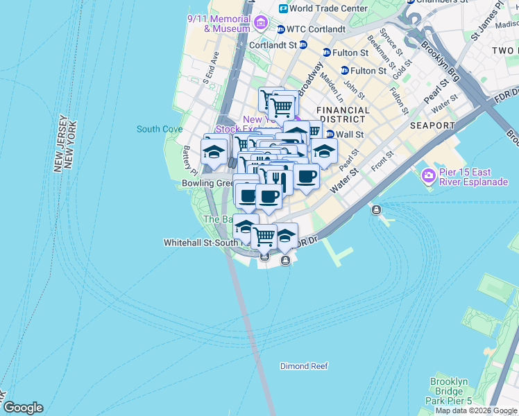 map of restaurants, bars, coffee shops, grocery stores, and more near 24 Whitehall Street in New York