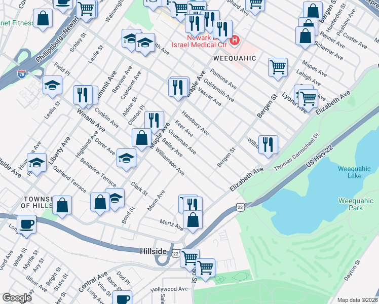 map of restaurants, bars, coffee shops, grocery stores, and more near 124 Grumman Avenue in Newark