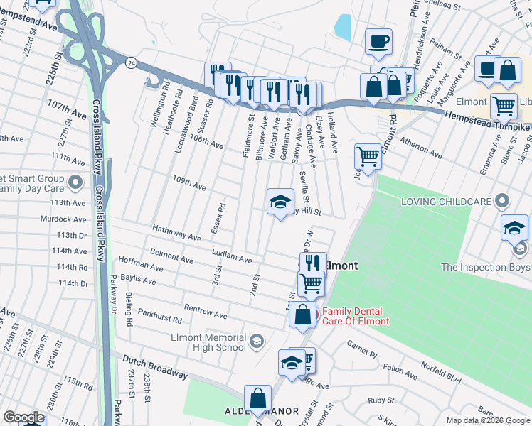 map of restaurants, bars, coffee shops, grocery stores, and more near 232 Waldorf Avenue in Elmont
