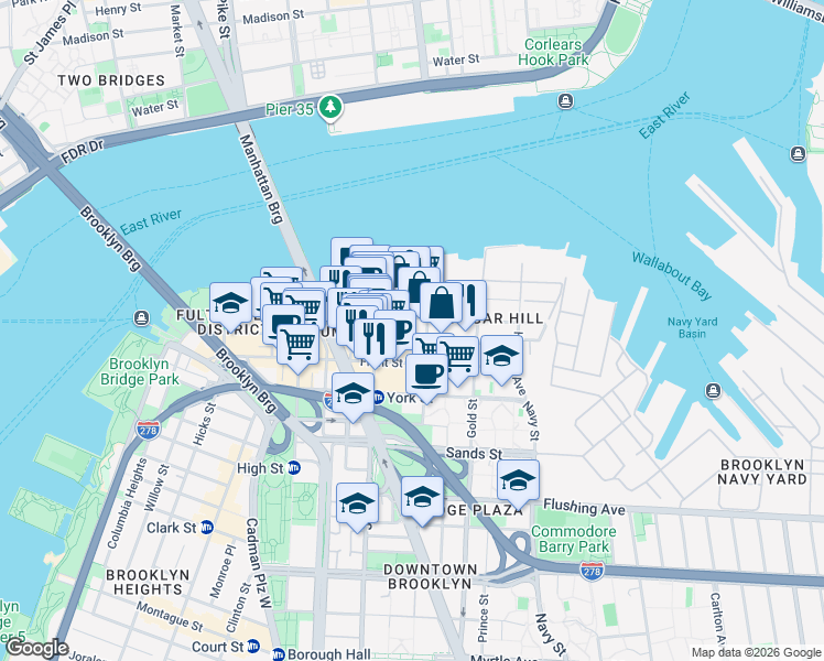 map of restaurants, bars, coffee shops, grocery stores, and more near 50 Bridge Street in Brooklyn
