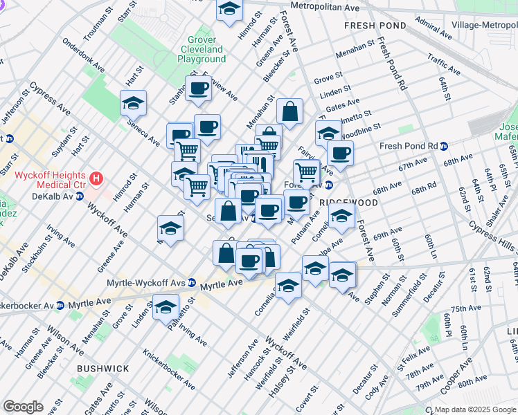 map of restaurants, bars, coffee shops, grocery stores, and more near 1821 Palmetto Street in Queens