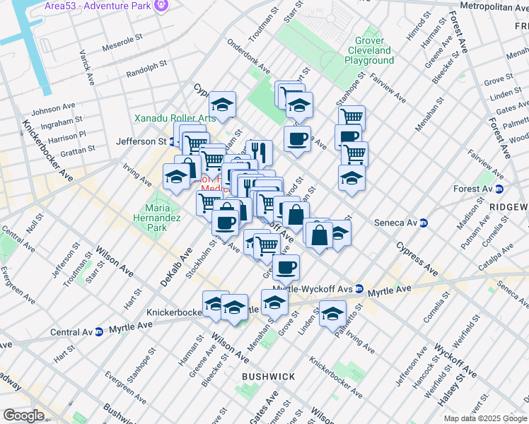 map of restaurants, bars, coffee shops, grocery stores, and more near 173 Wyckoff Avenue in Brooklyn