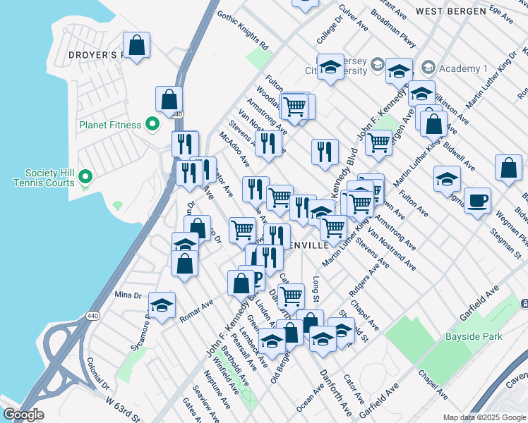 map of restaurants, bars, coffee shops, grocery stores, and more near 66 Terhune Avenue in Jersey City