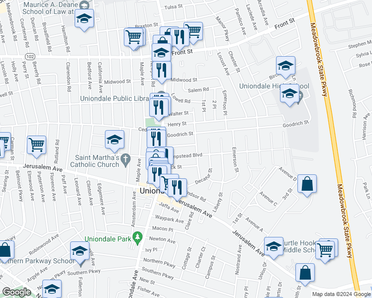 map of restaurants, bars, coffee shops, grocery stores, and more near 704 Lafayette Avenue in Uniondale