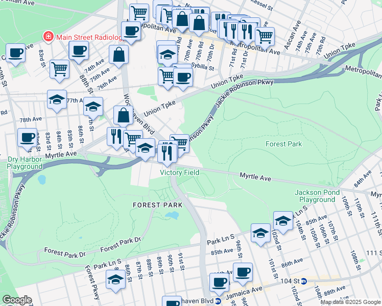 map of restaurants, bars, coffee shops, grocery stores, and more near 9035 83rd Avenue in Queens