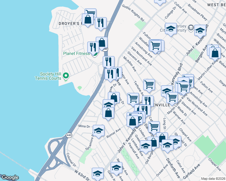 map of restaurants, bars, coffee shops, grocery stores, and more near 391 Danforth Avenue in Jersey City