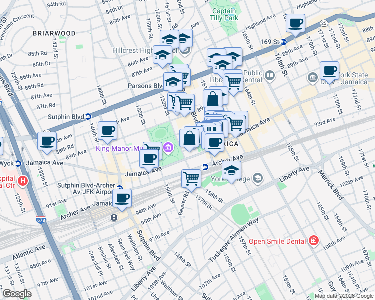map of restaurants, bars, coffee shops, grocery stores, and more near 155-19 Jamaica Avenue in Queens