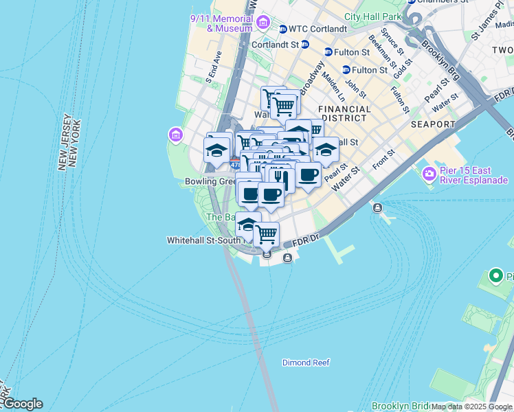 map of restaurants, bars, coffee shops, grocery stores, and more near 2 Broadway in New York