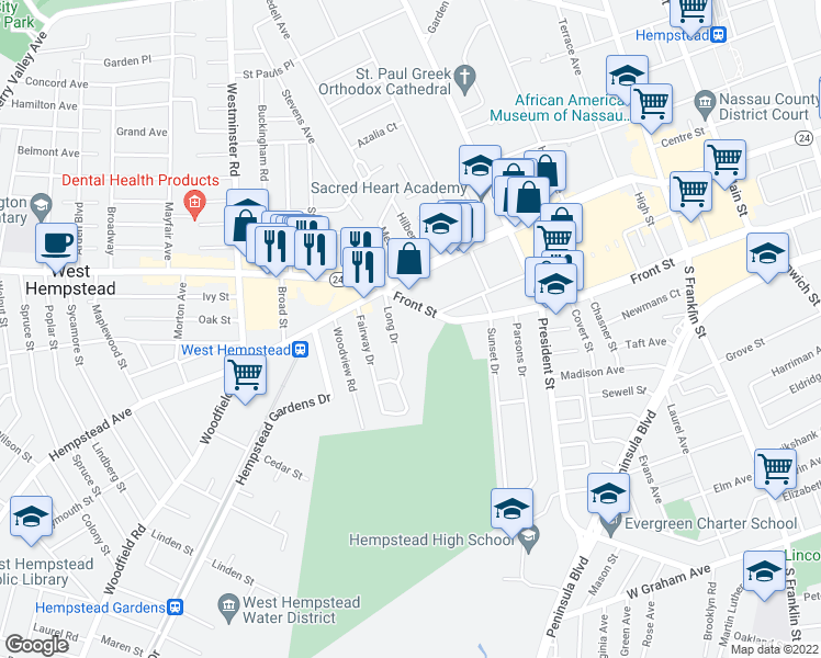 map of restaurants, bars, coffee shops, grocery stores, and more near 14 Front Street in Hempstead