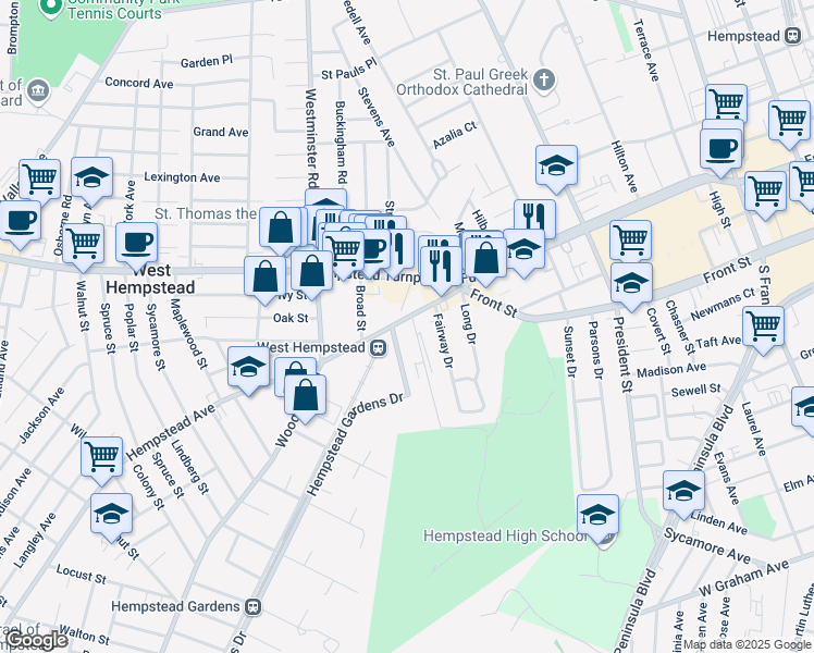 map of restaurants, bars, coffee shops, grocery stores, and more near 45 Hempstead Turnpike in West Hempstead