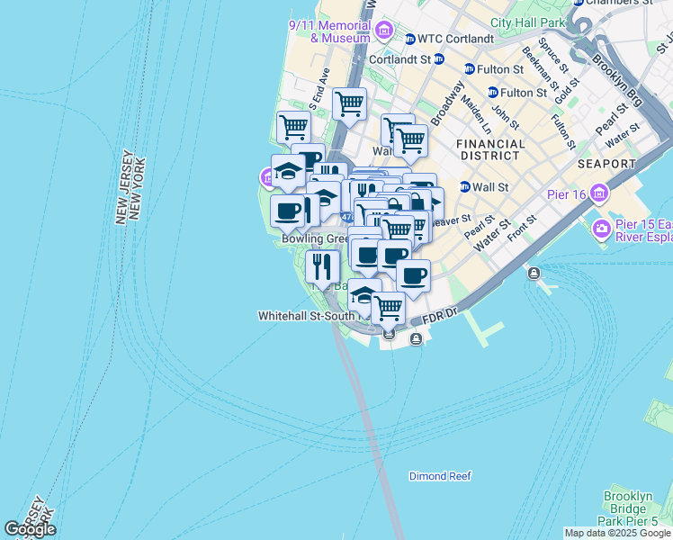 map of restaurants, bars, coffee shops, grocery stores, and more near Hugh L. Carey Tunnel in New York