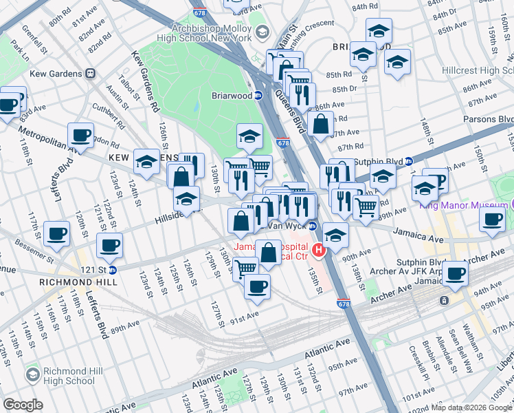map of restaurants, bars, coffee shops, grocery stores, and more near 134-15 Hillside Avenue in Queens