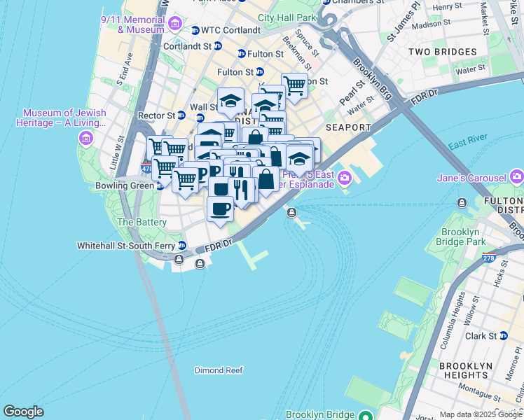 map of restaurants, bars, coffee shops, grocery stores, and more near 100 Old Slip in New York