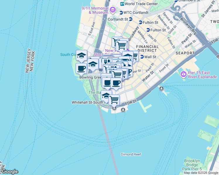 map of restaurants, bars, coffee shops, grocery stores, and more near 1 Battery Place in New York