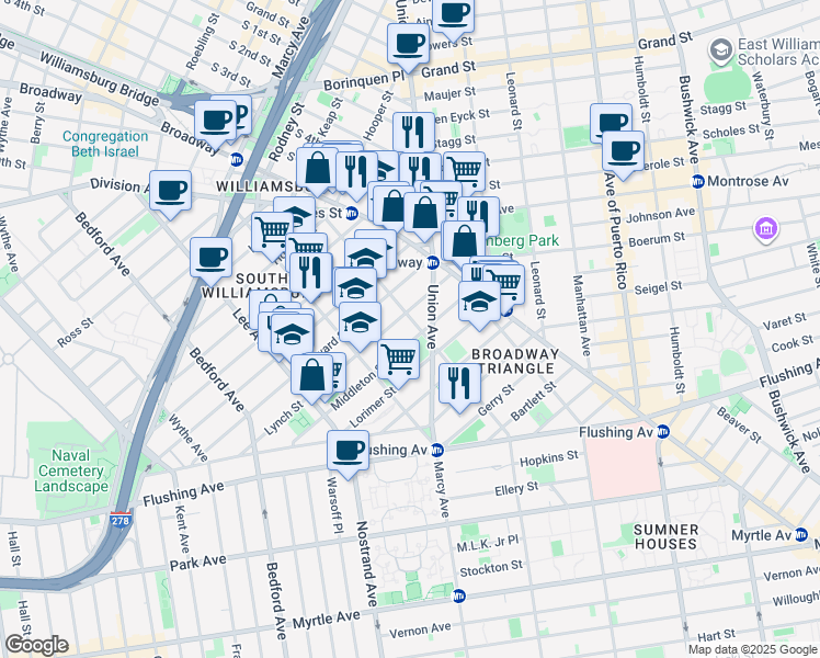 map of restaurants, bars, coffee shops, grocery stores, and more near 87 Harrison Avenue in Brooklyn