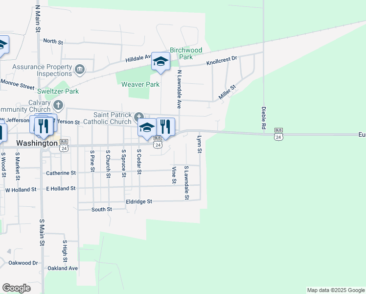 map of restaurants, bars, coffee shops, grocery stores, and more near 103 South Lawndale Street in Washington
