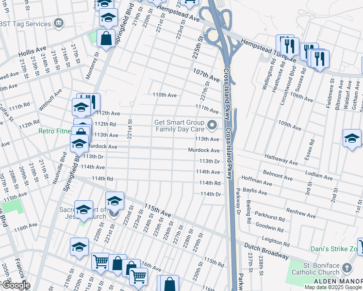 map of restaurants, bars, coffee shops, grocery stores, and more near 225-33 113th Avenue in Queens