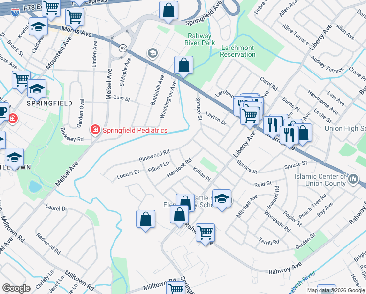 map of restaurants, bars, coffee shops, grocery stores, and more near 850 Pinewood Road in Union